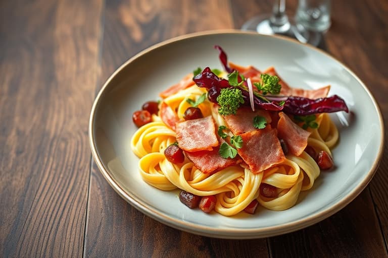 Perciatelli med prosciutto, wiltet radicchio, blåmuggost og tørkede fiken