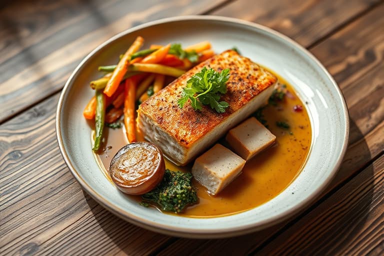 Svinekjøtt med sennepskrust, servert med farro og gulrotsalat