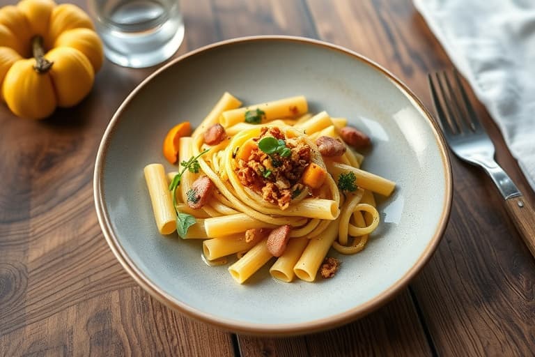 Penne med kylling, squash, brokkolirabe og karamellisert løk