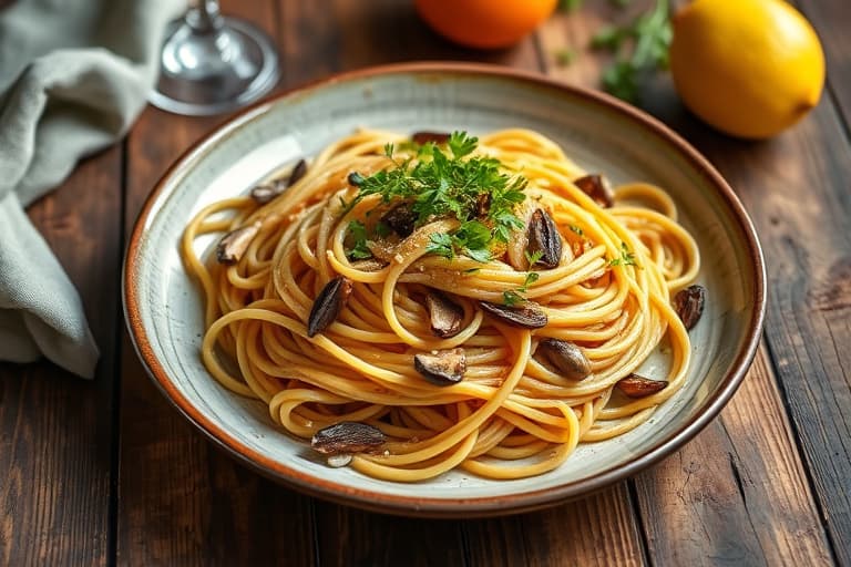 Spaghetti med asparges, shiitakesopp, sitron og gressløk