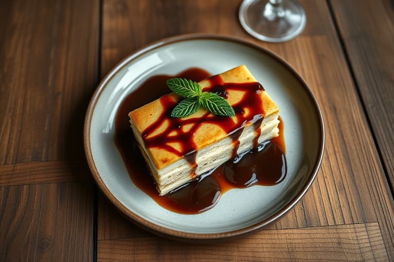 Stracciatella Tortoni-kake med espressofudge-saus