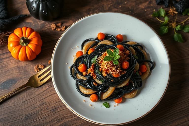 Svart og oransje Halloween-pasta