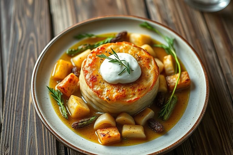 Herb-bakte potetgull med crème fraîche og kaviar