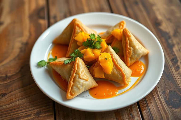 Karréde biff-samosas med mango- og papayachutney