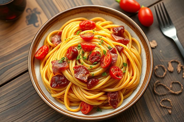 Pasta med prosciutto, paprika og urter