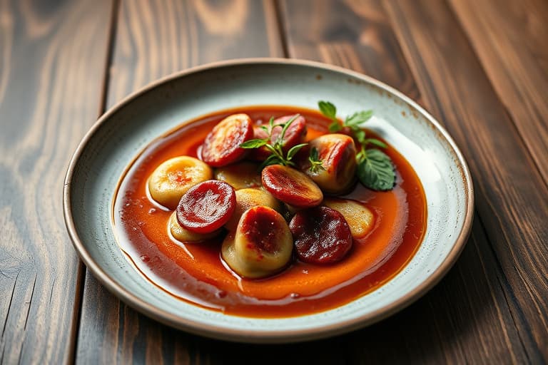 Beet Ravioli med pinjekjerner og geitost, rosmarinsaus med krem, servert med lagret balsamicoeddik