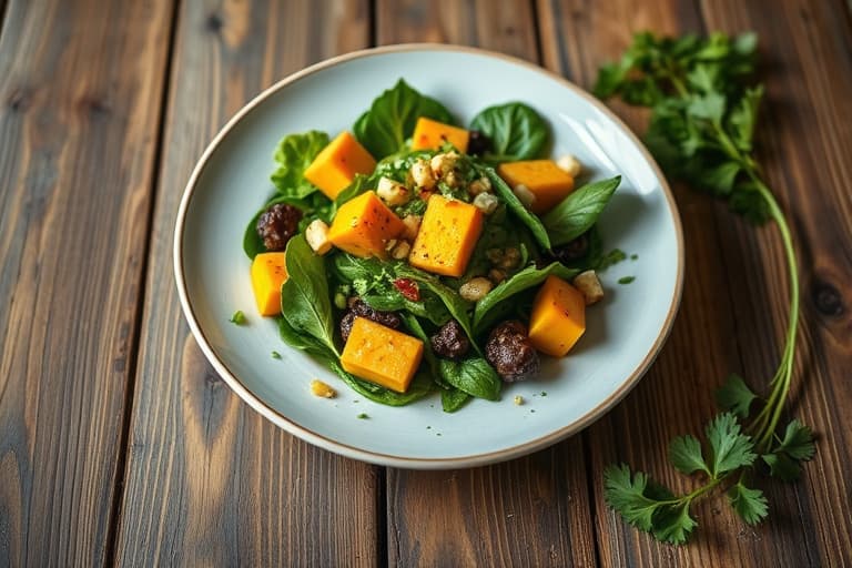 Vårlig grønn salat med squash, epler og landsskjøtt