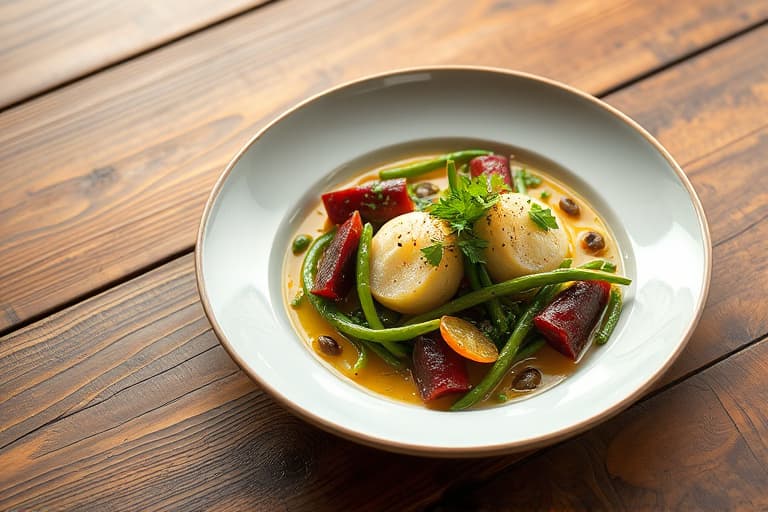 Leek- og ingefærmatzo-kuler i sitrongress-konsommé