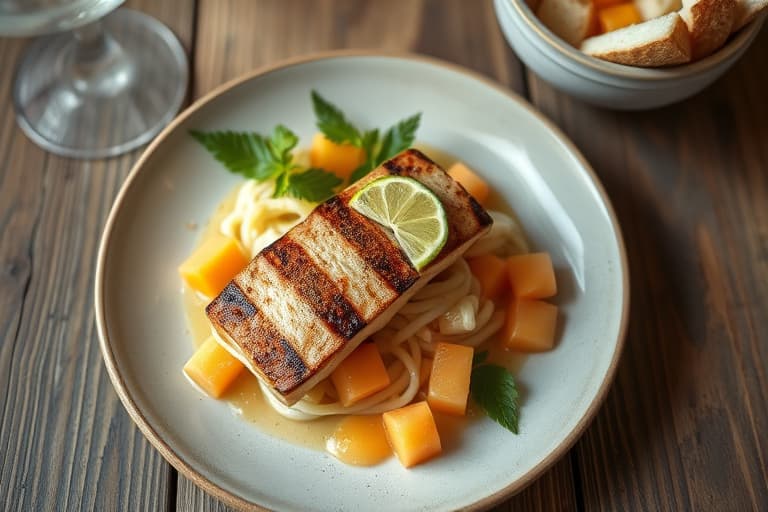 Grillet hangerbiff med lime- og karrirubbe, servert med fersk melon- og agurksalat