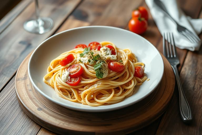 Pasta med kylling, soltørkede tomater, Gorgonzola og pinjekjerner