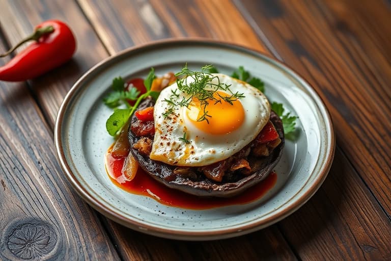 Portobelloburgere med eggerøre, spinat og ovnsbakte røde paprika