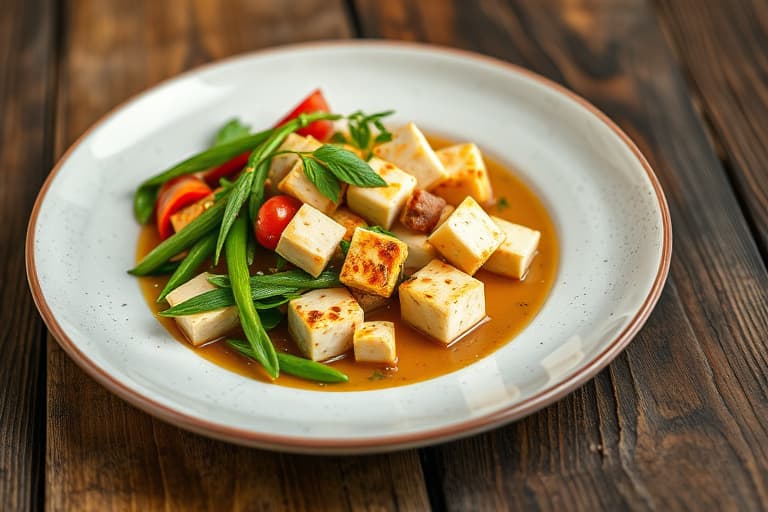 Stekt tofu med grønne bønner og asiatisk kokosnøttsaus