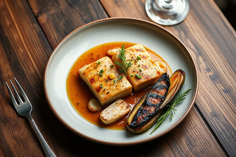 Grillede lammekoteletter og fiken-spyd med mynte- og pepperglasur, servert med grillede auberginer