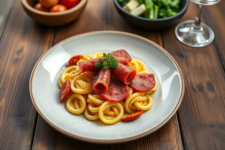 Salami med drue-mostarda og helhvete gnocchi fritti