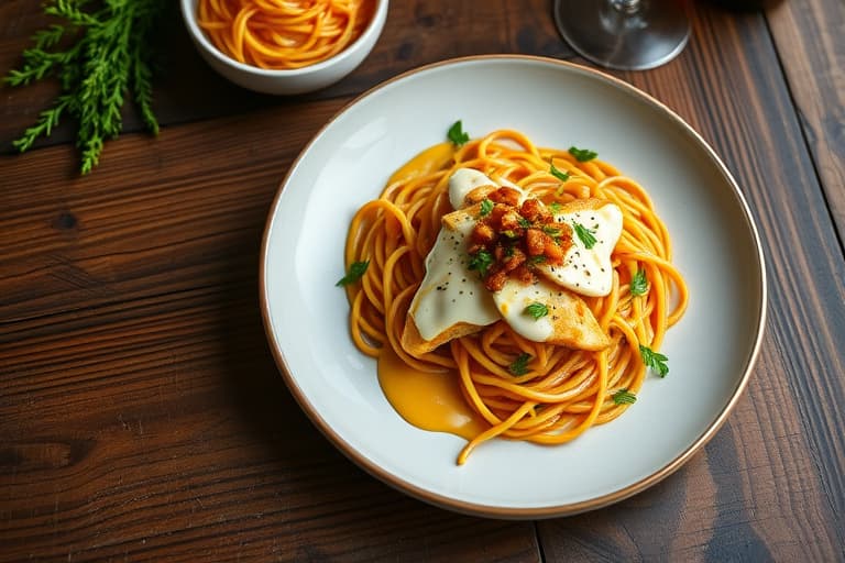 Svinekotletter med soppsaus og hasselnøtter, ovnsbakt blomkål-løk med ranch-dip, ovnsbakt spaghetti-pumpkin