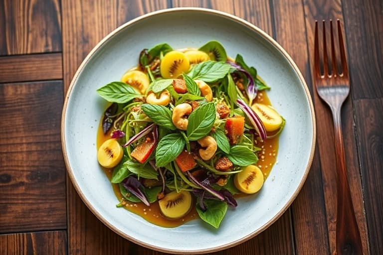 Kyllingsalat med spinat, jordbær, kiwi og cashewnøtter i honning- og sesamdressing