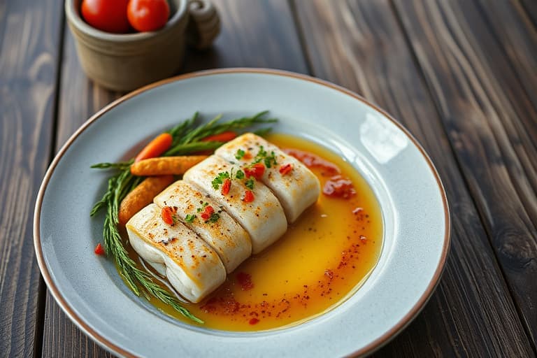 Grillet krydret pølse med Floridas søtpoteter og paprika, servert med sennepsvinaigrette