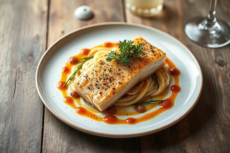 Kornmelkronert skate med risnudelsalat og erte, sitrongress, kapers, brunet smør-vinaigrette