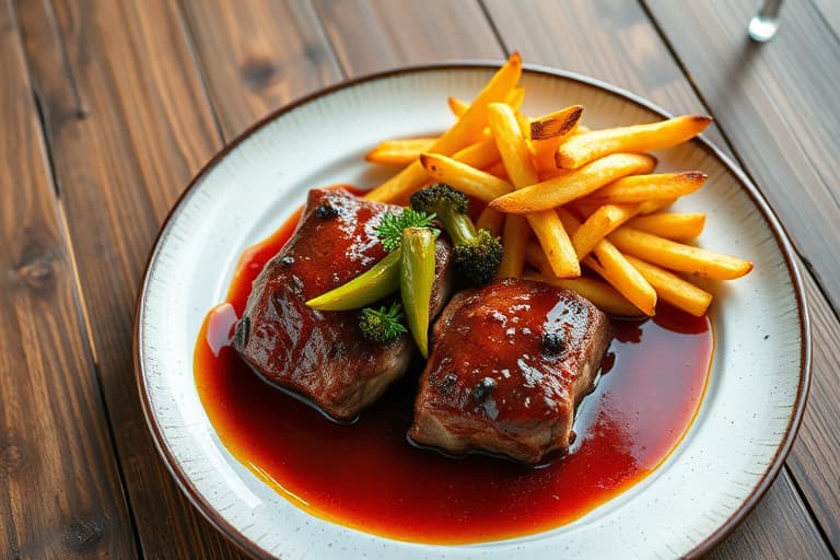 Svinekjøttbiffer med hjemmelaget barbecue-saus, Texas-stil Yukon Gold-potetfrites og grillet chayote