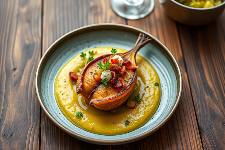 Kyllingquail fylt med fersk ricotta, bacon og grønnsaker, servert med puré av grønn hvitløk og erter