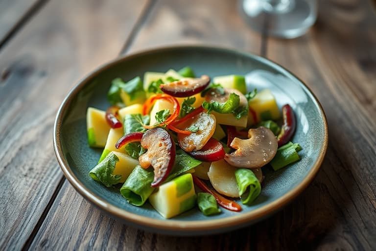 Bønnespirersalat med varme shiitakesopp, kinesisk purpikløk og kinesisk skinkevinaigrette