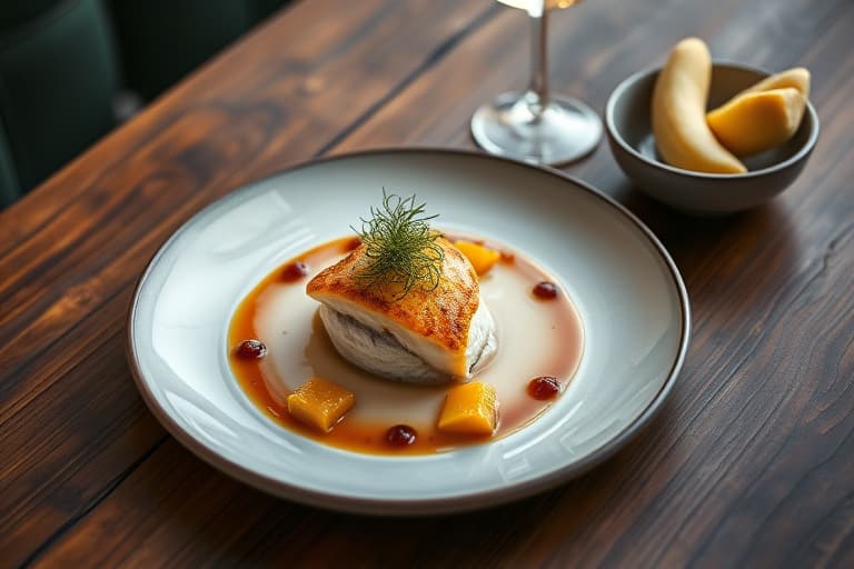 Tartar av arktisk ørret med Pelee Island-hvitfiskkaviar, Yukon Gold-pannekake og iskrem med isvin og timian