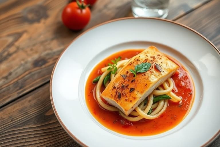 Sprøtt ørretfilet av atlantisk laks på blandede linser med marokkansk krydret tomatsaus med harissa