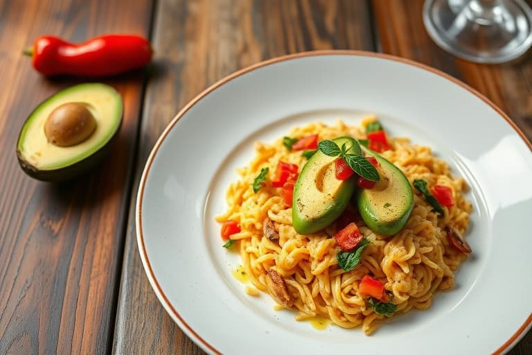 Avokado og ristet mais med ovnsbakte paprika, vannkresse og bringebærchampagnevinaigrette