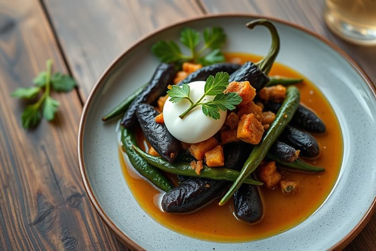 Sprø Poblano-chili fylt med svarte bønner, svinekjøtt, ost, gul ris og "Bandera (den meksikanske flagg)"-saus