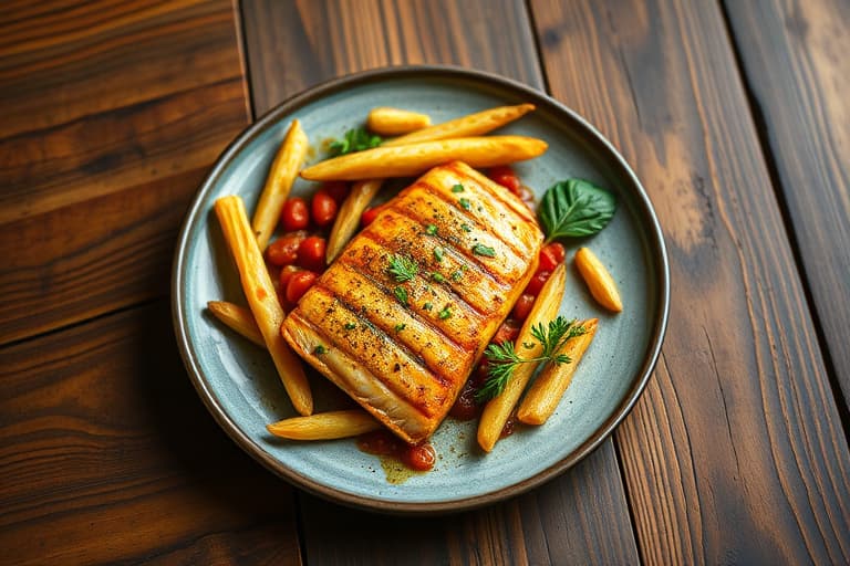 Argentinsk grillet sverdfisk med en krydret appelsinchimichurri, pannebrente paprika og forkullede søtpotetchips