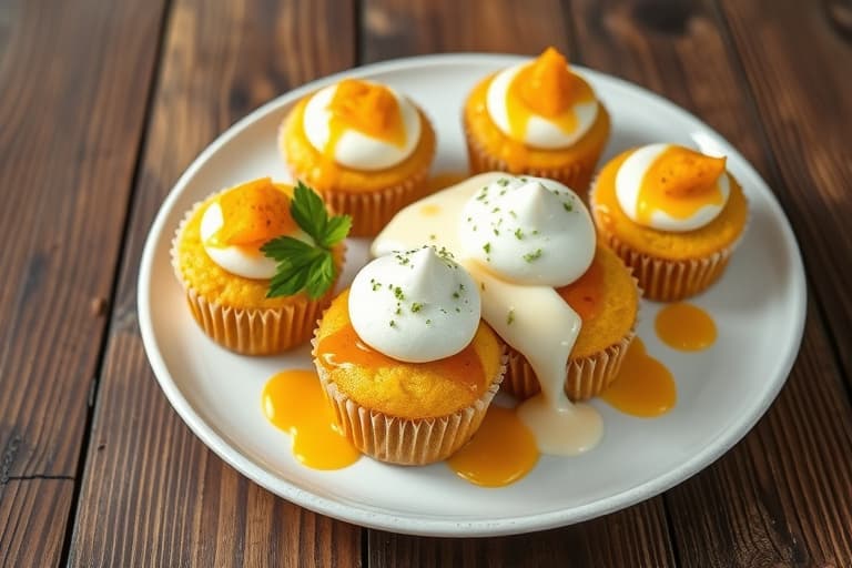 Mango-korianderpoundkaker i form av cupcakes med mango-chutney-fyll og pisket krem av søtet kondensert melk