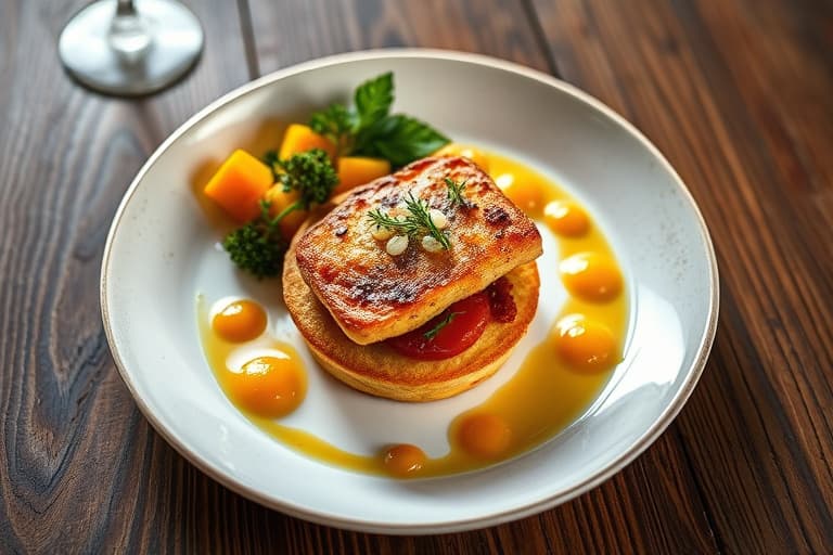 Bryst av kylling braisert på ristet engelsk muffins med grønnsaks-mirepoix, ristet pinjekjerner og en blanding av squash, sommergresskar og løk