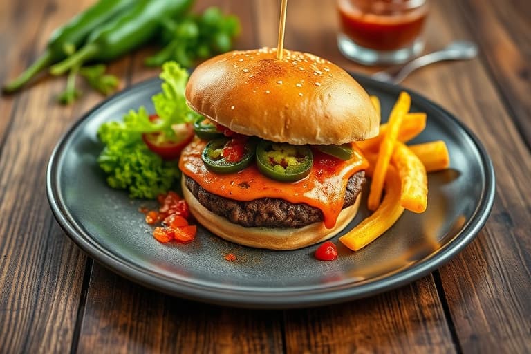 Latinburger med karamellisert løk og jalapeñorelish, servert med rød peppersausemulsjon