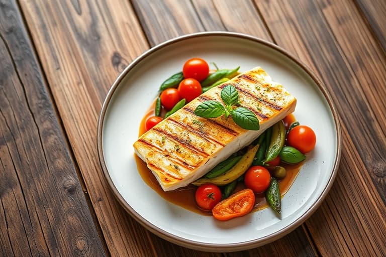 Enkelt grillet sværdfisk med basilikumkrydret skorpe og tomat- og grønn olivenrøre