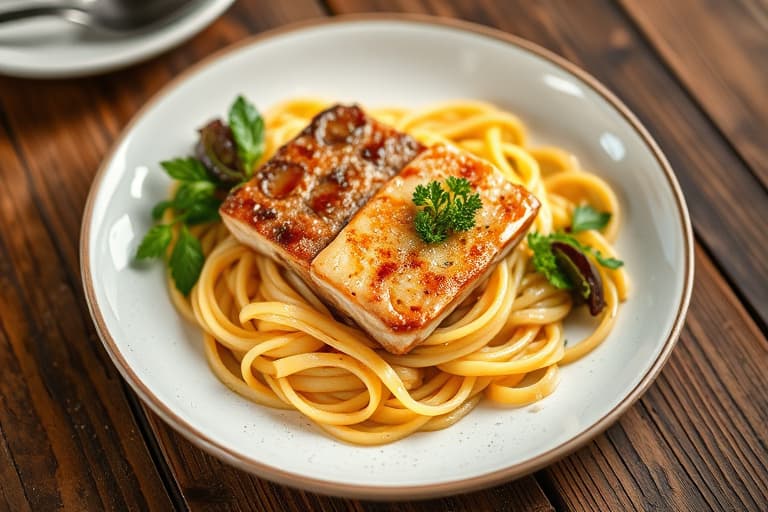 Pannestekt svinefilet med senneps-spätzle og eple-koriandersalsa