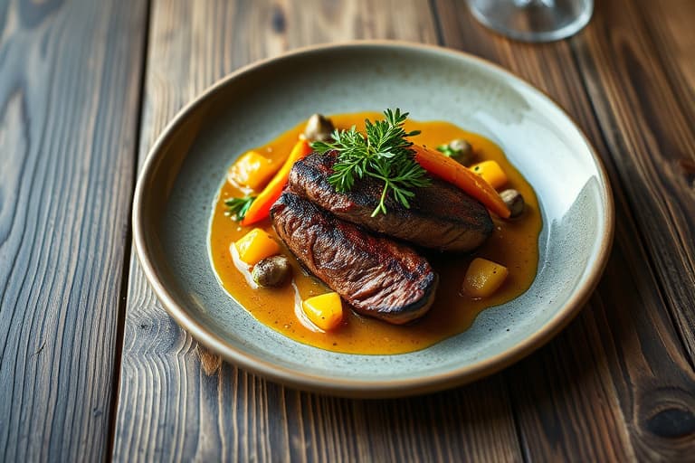 Seared Skirt Steak, rødløk og shishito-pepper med ruccolasalat i honningbelle- appelsinvinaigrette