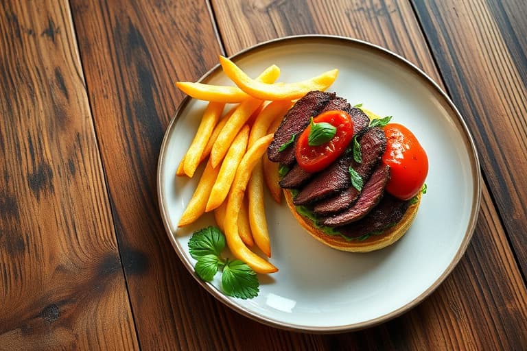 Steak-sandwich på ristet hvitløksbrød med tomat- og olivenrøre, servert med stekte pommes frites.