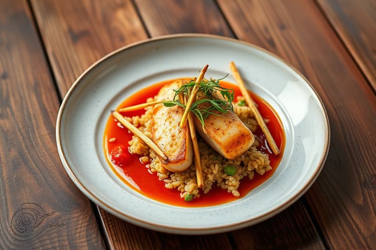 Marinerte tunfisksteiker med ancho-chili- og rødvinsaus, servert med spinat- og tomatillo-risball