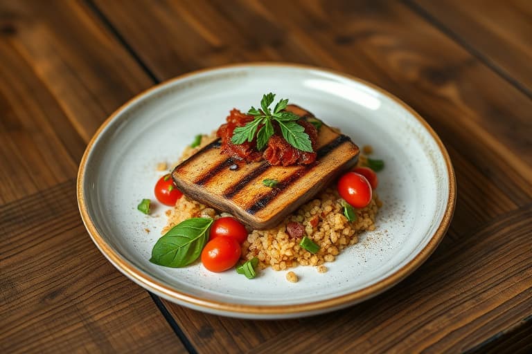 Pannestekt torsk, shiitake-quinoa, ovnsbakte tomater og sautert ruccola med bacon-balsamico-vinaigrette og søt sommerskorsmelk