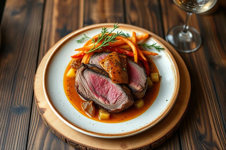 Røkt tri-tip med sylteagurkede sjalottløk og knuste, røyke grønnsaker av blomkål på en smørbrødbrød av telera