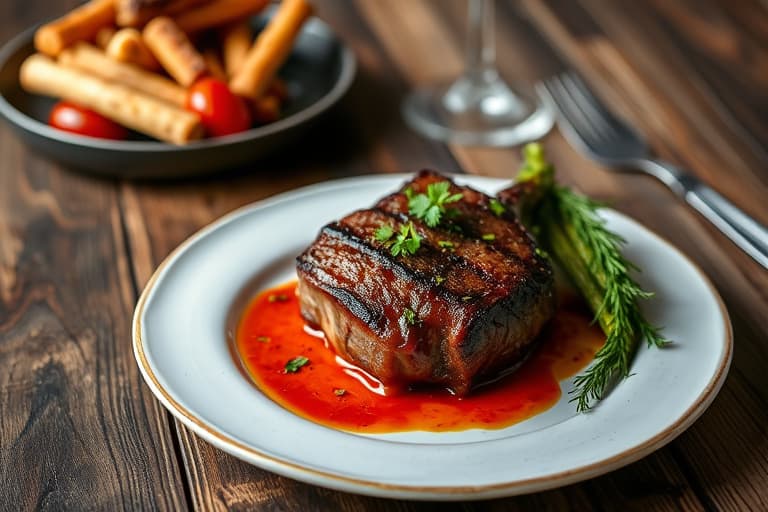 Pepperkrydret ribeye med bein, servert med tomat- og korianderdip, grillede rødløk og Texas-toast
