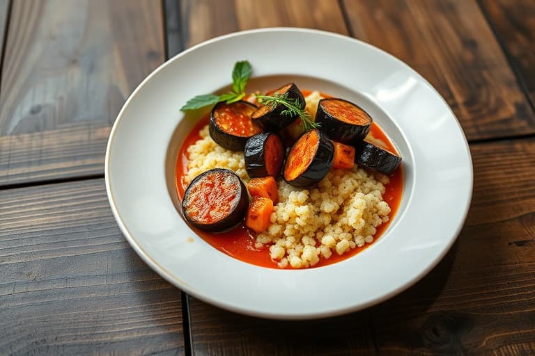 Harissa-eggplantpuré og couscous