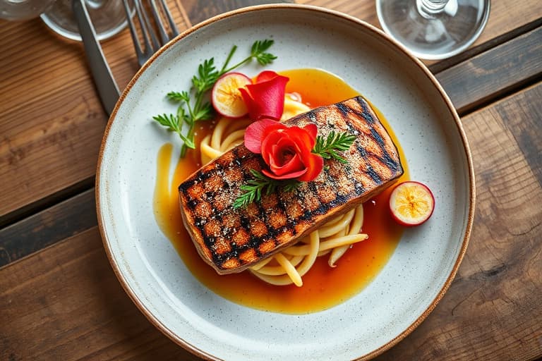 Grillede svinekoteletter med ovnsbakte epler og dampede rosenkål i karamelliserte løk