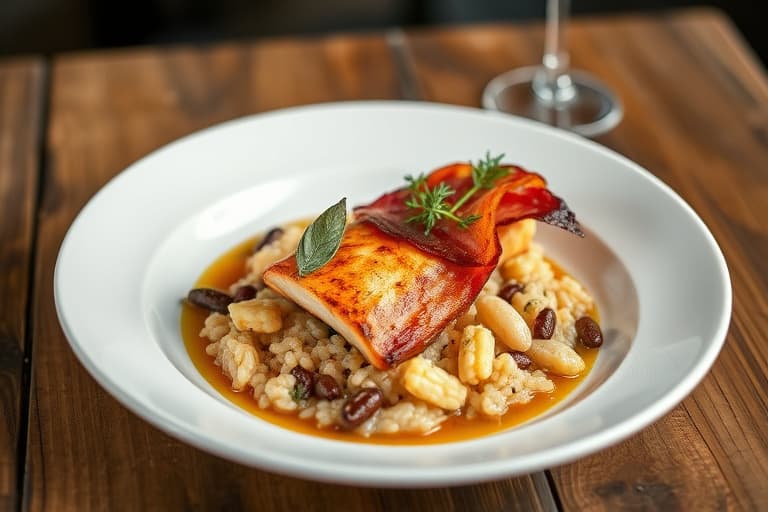 Sprø kylling innbakt i bacon med kremet risotto med tre oster og ruccolasalat med fennikel