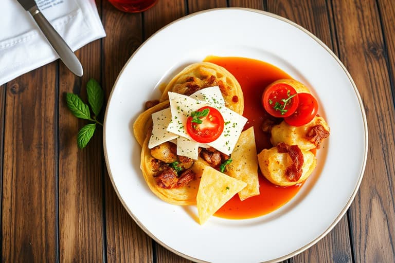 Kylling stekt med parmesan, servert med en syrlig tomatsaus til dipp, og dobbeltbakte poteter med cheddar og bacon