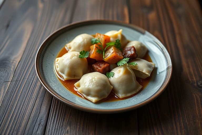 Min versjon av vennen min Jon sin polske wok og pierogis, med potstickers, urter og rømme