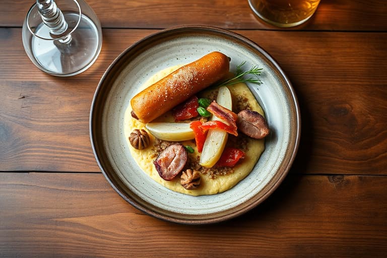 Tre måter med svin: Saltede svinekoteletter, fennel-fontina-pølse og grønnkål med bacon og fennikel over polentakaker