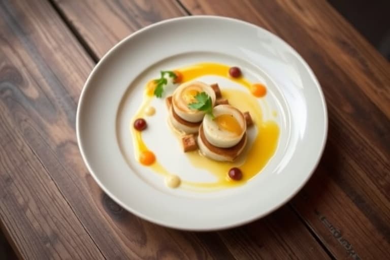 Panerte sjømatscallops fra dyphavet servert med potet- og agurksalat, samt verjus du Périgord