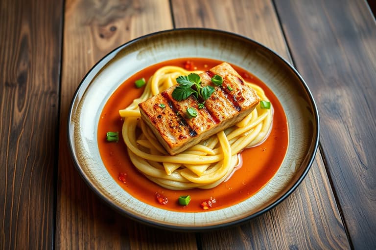 Pannestekt svinefilet med tamarind-ananas barbequesaus og rømme- og cascabel-chili løkringer