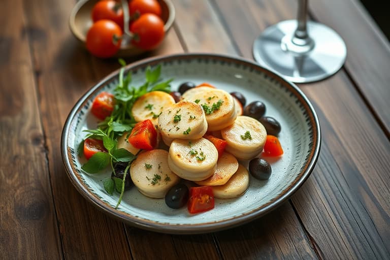 Kylling marinert i hvitløk og oregano, servert med grillede paprika- og svarte olivenrøre, samt safran-tomatris.